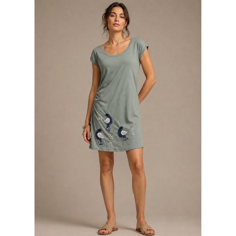 Synergy Organic Cotton Mini Dress Small Sage Green Embroidered Bird Ruched Boho
